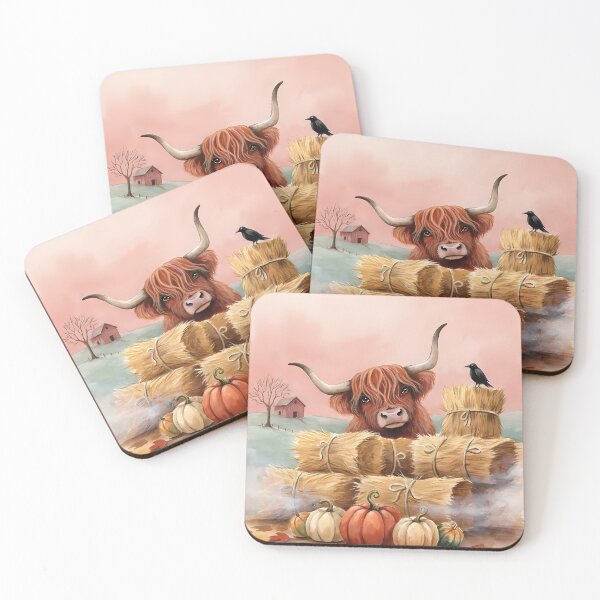 Item preview, Highland Cow Behind Hay Bales Autumn Farm Watercolor Art designed and sold by SellingWSarah17.