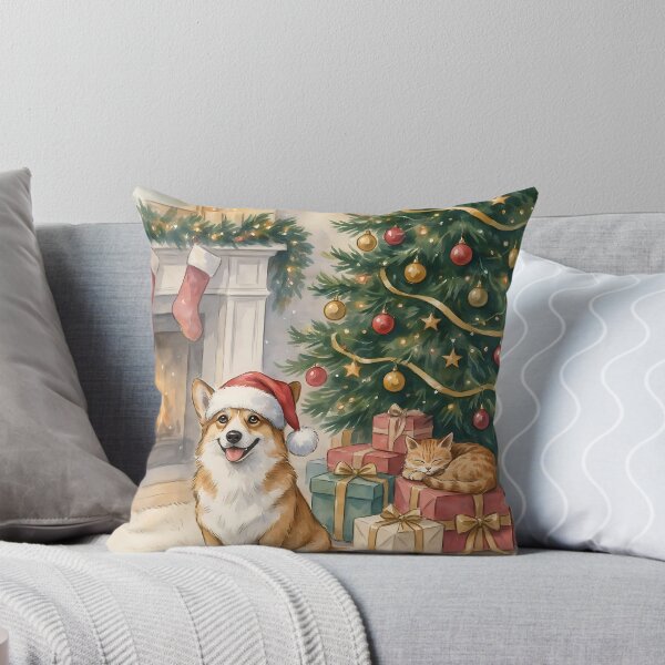 Item preview, Corgi in Santa Hat by Christmas Tree with Sleeping Cat Watercolor Art designed and sold by SellingWSarah17.
