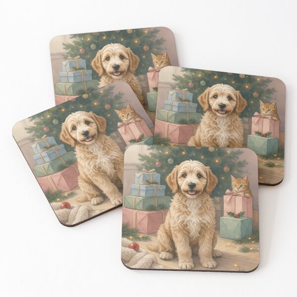 Item preview, Golden Doodle and Kitten by Christmas Tree Watercolor Art designed and sold by SellingWSarah17.