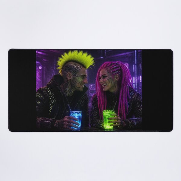 Item preview, Cyberpunk Couple At Bar Neon Arcade Cybergoth Lounge designed and sold by LazyDayzCo.