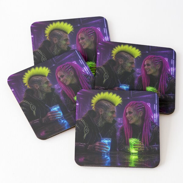 Item preview, Cyberpunk Couple At Bar Neon Arcade Cybergoth Lounge designed and sold by LazyDayzCo.
