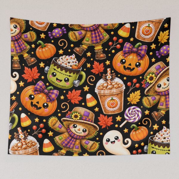 Item preview, Kawaii Halloween Scarecrow Pattern – Cute Ghost, Pumpkin, Frankenstein Mug, Candy Corn & Cozy Fall Drinks designed and sold by ALH Apparel.