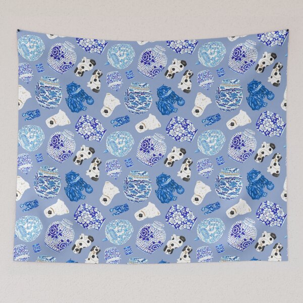 Item preview, Chinoiserie Curiosity Cabinet Toss in Delft Blue designed and sold by YesterdayColl.