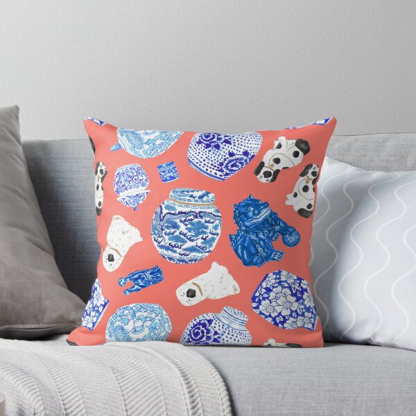 Item preview, Chinoiserie Curiosity Cabinet Toss in Neon Peach Coral designed and sold by YesterdayColl.