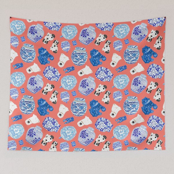 Item preview, Chinoiserie Curiosity Cabinet Toss in Neon Peach Coral designed and sold by YesterdayColl.