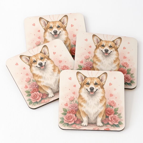 Item preview, Corgi with Heart Balloons and Roses Valentine Watercolor Art designed and sold by SellingWSarah17.