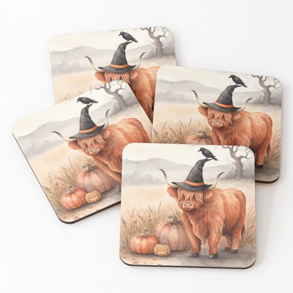 Item preview, Highland Cow in Witch Hat with Crow Halloween Watercolor Art designed and sold by SellingWSarah17.