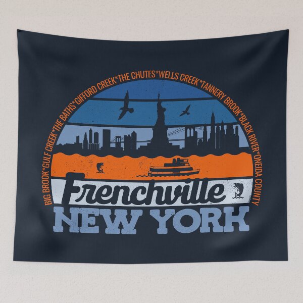 Aperçu de l'œuvre Logo rétro vintage de la fierté locale au coucher du soleil à Frenchville, New York créée et vendue par CRHPOD20.