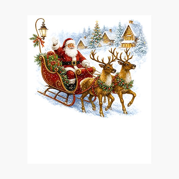 Item preview, Classic Vintage Santa Claus Sleigh Reindeer Snowy Village Holiday designed and sold by DYAFLK.