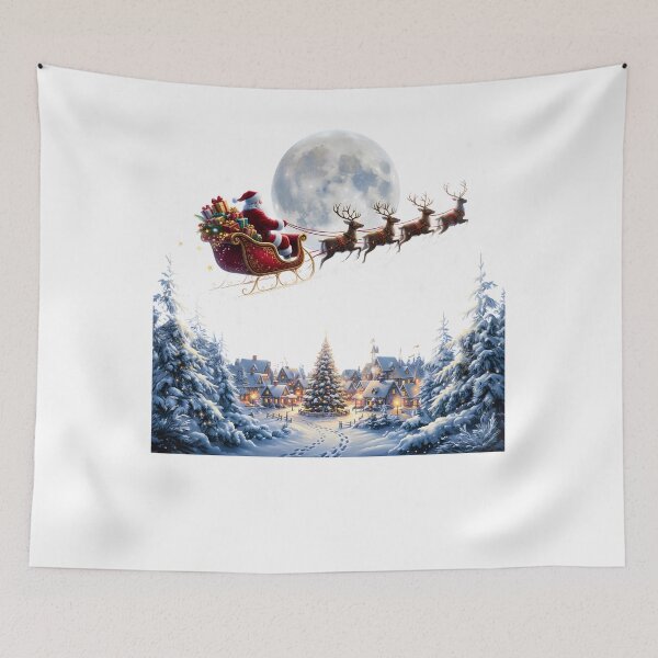 Item preview, Magical Santa Sleigh Reindeer Full Moon Snowy Village Christmas designed and sold by DYAFLK.