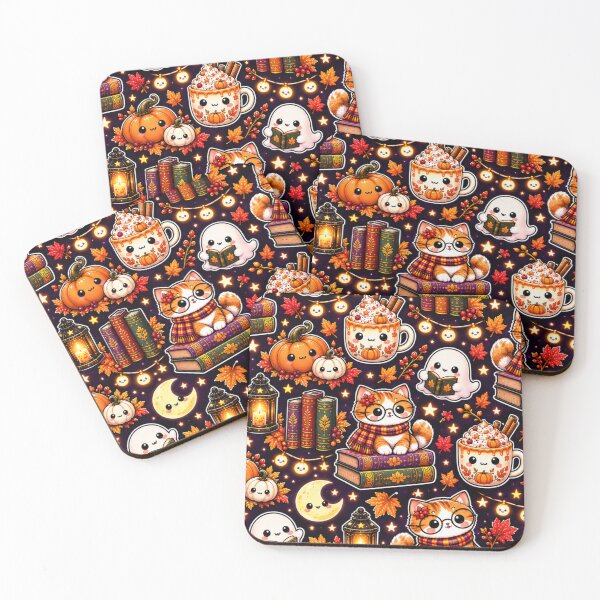 Item preview, Kawaii Halloween Reading Pattern – Cute Cat, Ghosts, Pumpkins, Books, Lanterns & Cozy Autumn Drinks designed and sold by ALH Apparel.