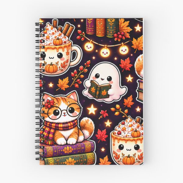 Item preview, Kawaii Halloween Reading Pattern – Cute Cat, Ghosts, Pumpkins, Books, Lanterns & Cozy Autumn Drinks designed and sold by ALH Apparel.
