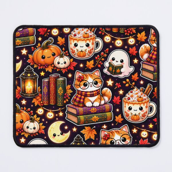 Item preview, Kawaii Halloween Reading Pattern – Cute Cat, Ghosts, Pumpkins, Books, Lanterns & Cozy Autumn Drinks designed and sold by ALH Apparel.
