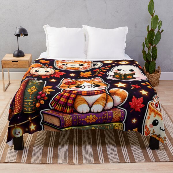 Item preview, Kawaii Halloween Reading Pattern – Cute Cat, Ghosts, Pumpkins, Books, Lanterns & Cozy Autumn Drinks designed and sold by ALH Apparel.