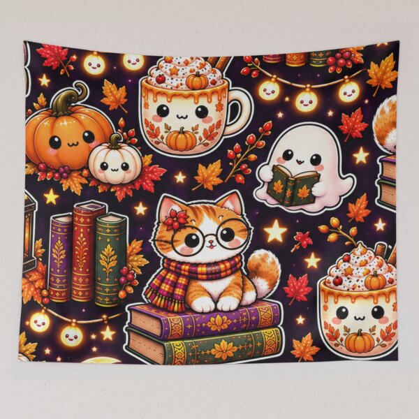 Item preview, Kawaii Halloween Reading Pattern – Cute Cat, Ghosts, Pumpkins, Books, Lanterns & Cozy Autumn Drinks designed and sold by ALH Apparel.