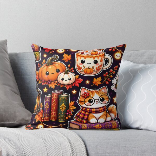 Item preview, Kawaii Halloween Reading Pattern – Cute Cat, Ghosts, Pumpkins, Books, Lanterns & Cozy Autumn Drinks designed and sold by ALH Apparel.