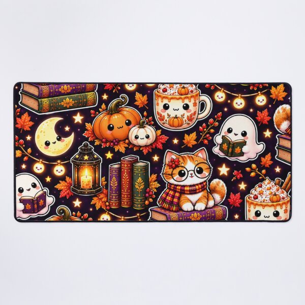 Item preview, Kawaii Halloween Reading Pattern – Cute Cat, Ghosts, Pumpkins, Books, Lanterns & Cozy Autumn Drinks designed and sold by ALH Apparel.