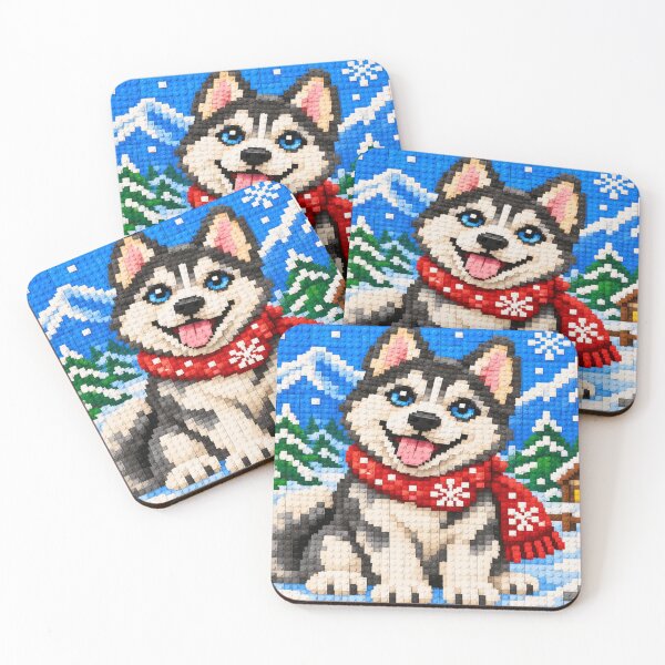 Item preview, Cute Husky Dog in a Winter Wonderland – Colorful Building Block Mosaic Art designed and sold by WildWhimsy Art.