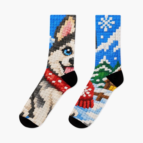 Item preview, Cute Husky Dog in a Winter Wonderland – Colorful Building Block Mosaic Art designed and sold by WildWhimsy Art.