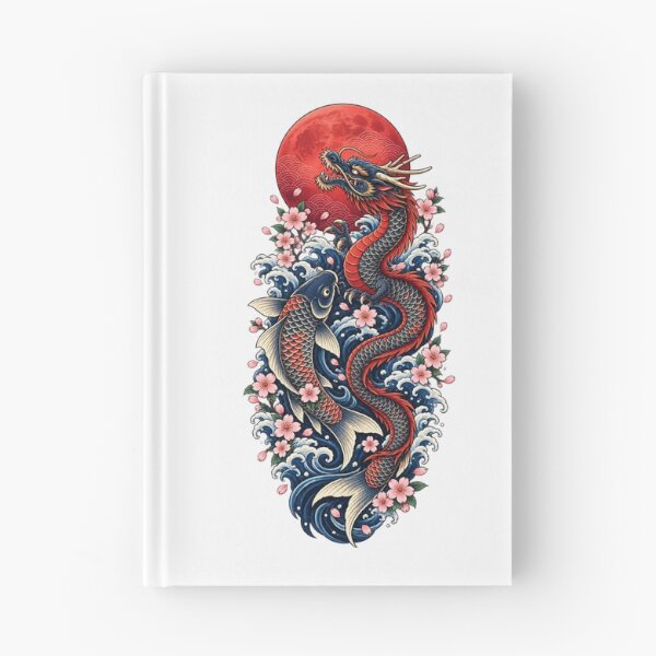 Item preview, Japanese Dragon and Koi Fish Under Red Moon | Japanese Wave Sakura Tattoo Art designed and sold by MrDev.