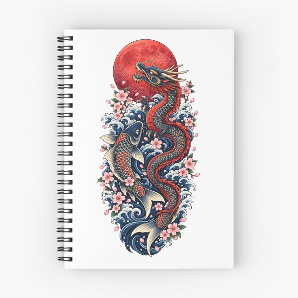 Item preview, Japanese Dragon and Koi Fish Under Red Moon | Japanese Wave Sakura Tattoo Art designed and sold by MrDev.
