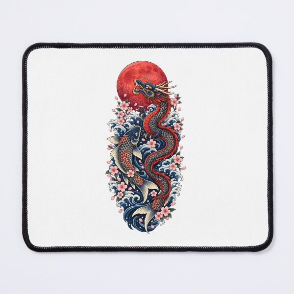 Item preview, Japanese Dragon and Koi Fish Under Red Moon | Japanese Wave Sakura Tattoo Art designed and sold by MrDev.