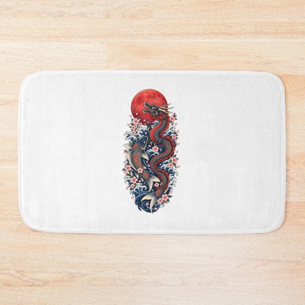 Item preview, Japanese Dragon and Koi Fish Under Red Moon | Japanese Wave Sakura Tattoo Art designed and sold by MrDev.