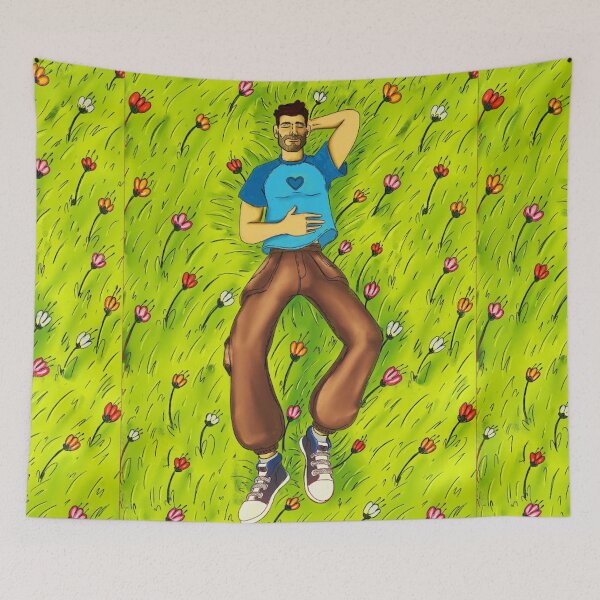 Item preview, Man Resting in Flower Meadow: Aesthetic Cottagecore Grass Silhouette and Peaceful Nature Art Poster designed and sold by benja-08.