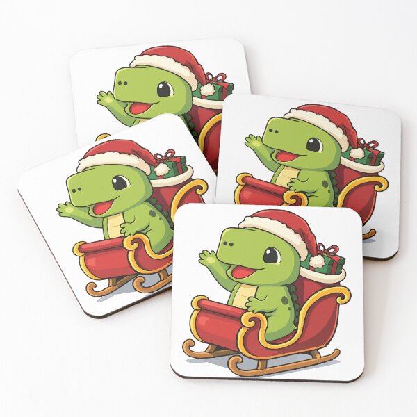 Item preview, Cute cartoon illustration of a dinosaur riding a red Christmas sled designed and sold by merona-design.