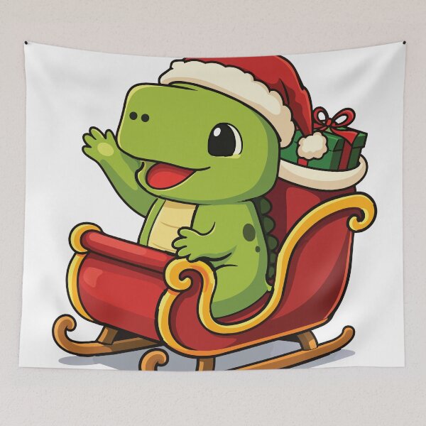 Item preview, Cute cartoon illustration of a dinosaur riding a red Christmas sled designed and sold by merona-design.