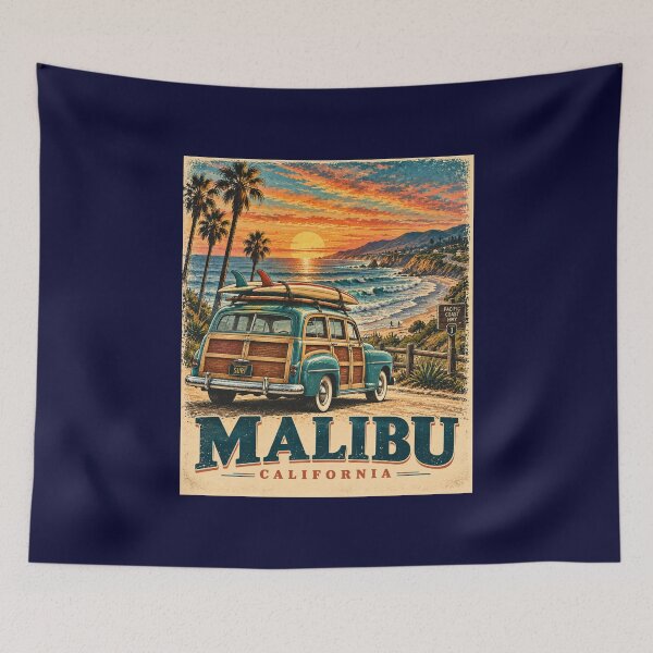 Aperçu de l'œuvre Malibu Californie Vintage Surf Woody créée et vendue par Swanny's Custom T-shirt and Gift Designs.