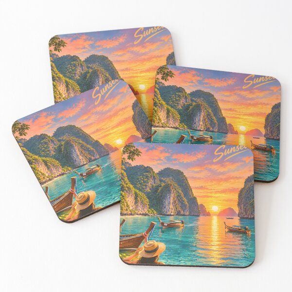 Item preview, Phi Phi Islands Sunset – Andaman Sea, Thailand Vintage Travel Poster designed and sold by Spirit of Siam.