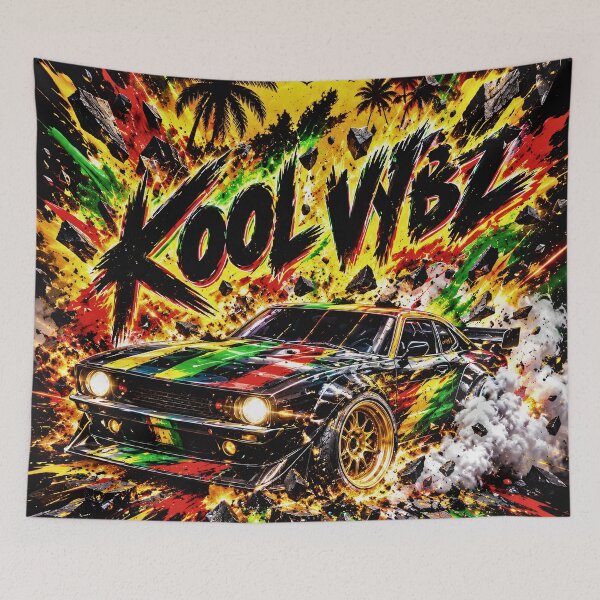 Item preview, KOOL VYBZ Rasta Muscle Car Tropical Sunset Explosion Graphic Art designed and sold by digitalbob60.