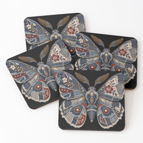 Item preview, Denim Patchwork Moth – Embroidered Visible Mending Textile Art designed and sold by Emoji Emblems.