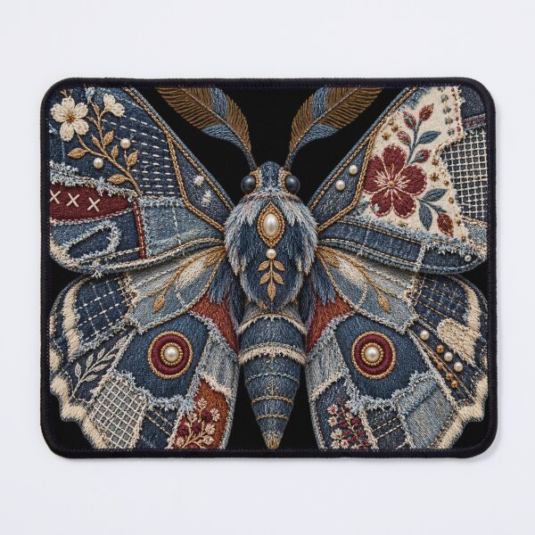 Item preview, Denim Patchwork Moth – Embroidered Visible Mending Textile Art designed and sold by Emoji Emblems.
