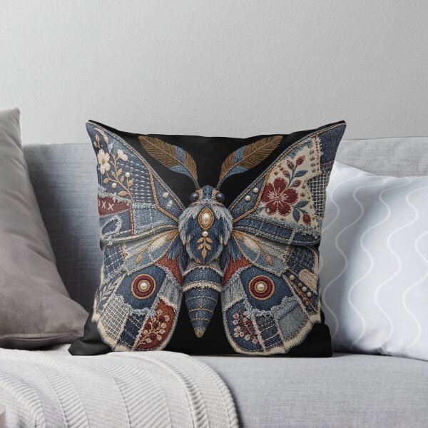 Item preview, Denim Patchwork Moth – Embroidered Visible Mending Textile Art designed and sold by Emoji Emblems.