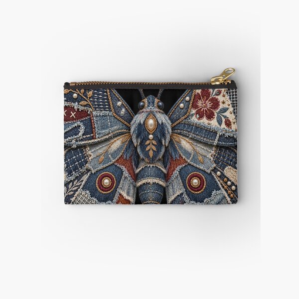 Item preview, Denim Patchwork Moth – Embroidered Visible Mending Textile Art designed and sold by Emoji Emblems.