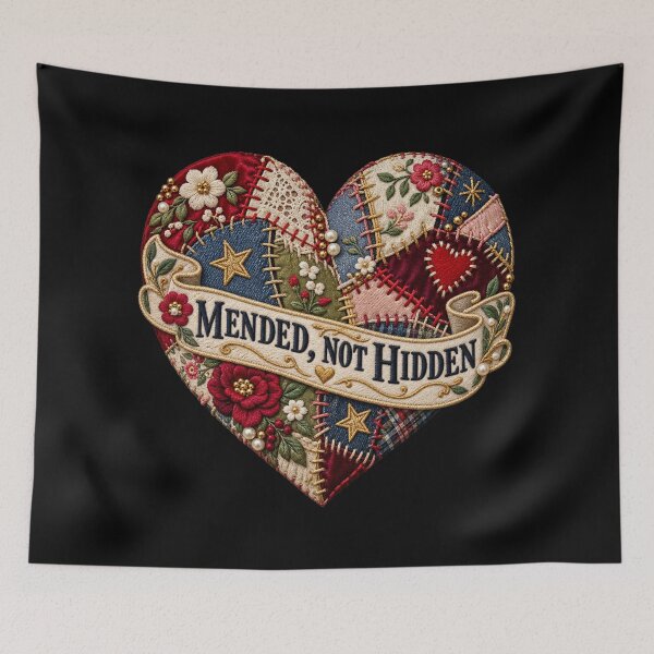 Item preview, Mended Not Hidden Patchwork Heart – Embroidered Visible Mending Art designed and sold by Emoji Emblems.