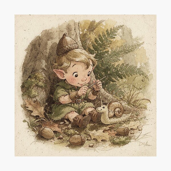 Item preview, Acorn Sprite Mending a Cracked Snail Shell designed and sold by PictorialWhimsy.