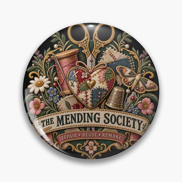 Item preview, Embroidered Mending Society Crest – Vintage Sewing & Visible Mending Art designed and sold by Emoji Emblems.