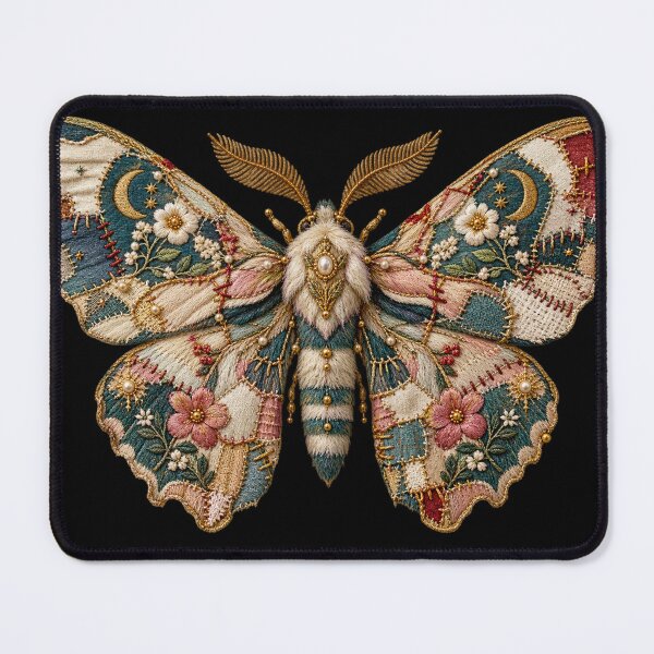 Item preview, Embroidered Patchwork Moth – Botanical Mending & Vintage Textile Art designed and sold by Emoji Emblems.