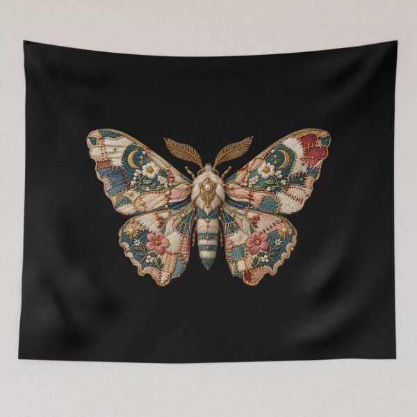 Item preview, Embroidered Patchwork Moth – Botanical Mending & Vintage Textile Art designed and sold by Emoji Emblems.
