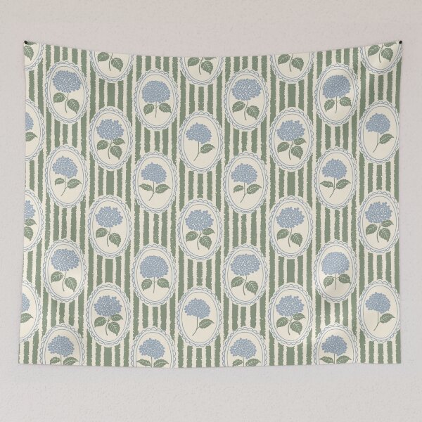 Item preview, Dusty Powder Blue Hydrangea Botanical Stripe Vintage Floral Sage Green Medallion designed and sold by dyesandpigments.