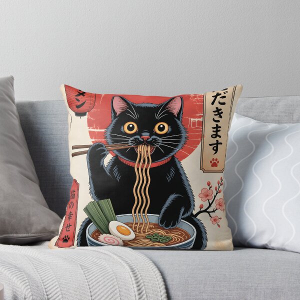 Item preview, Funny Black Cat Eating Ramen Vintage Japanese Art designed and sold by LinaDesign Store.
