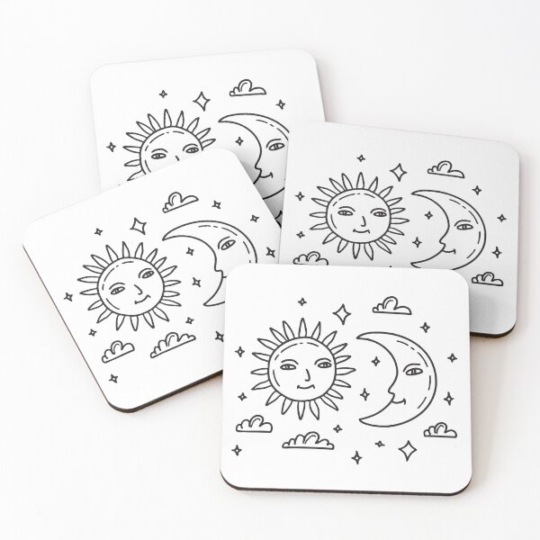 Item preview, doodle illustration of a bright sun and crescent moon facing each other in a clear sky designed and sold by rasagamastore.