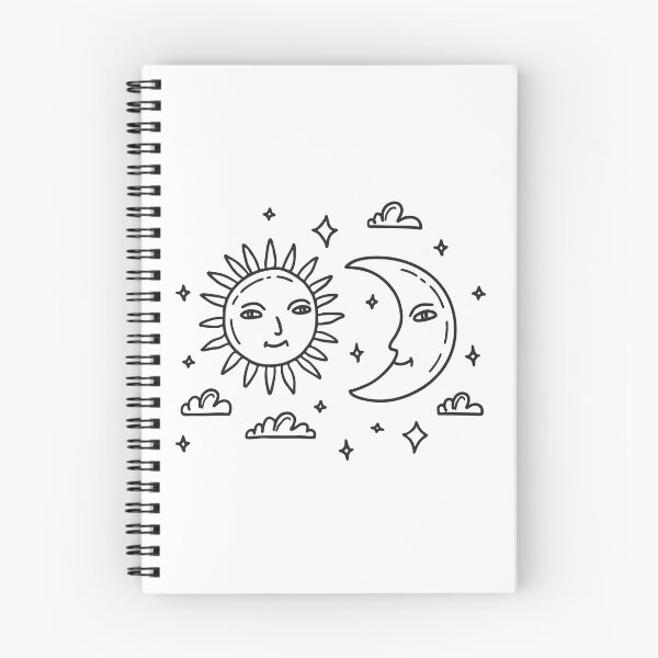 Item preview, doodle illustration of a bright sun and crescent moon facing each other in a clear sky designed and sold by rasagamastore.
