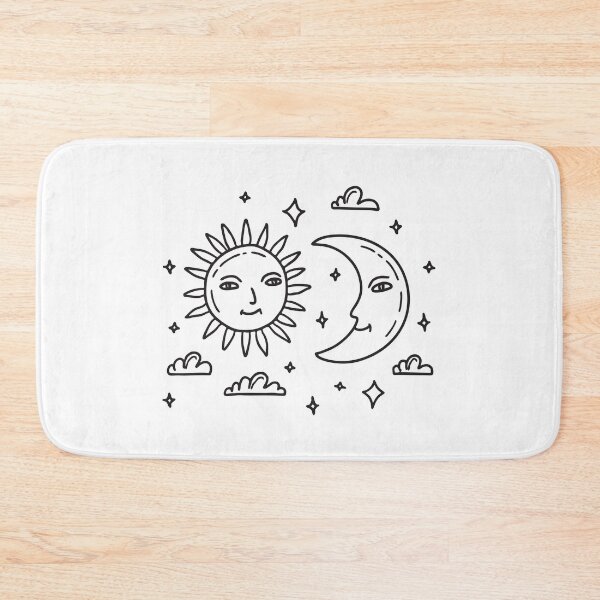 Item preview, doodle illustration of a bright sun and crescent moon facing each other in a clear sky designed and sold by rasagamastore.