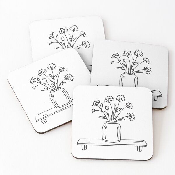 Item preview, doodle illustration of a vase filled with wildflowers and purple verbena on a wooden shelf designed and sold by rasagamastore.