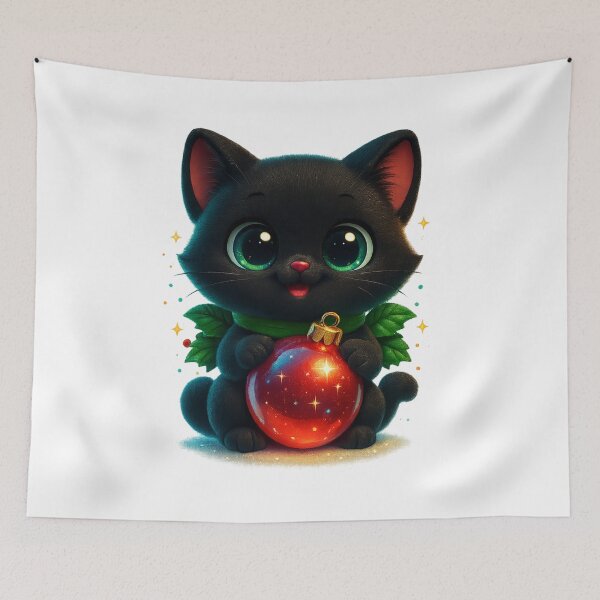 Aperçu de l'œuvre Chat tenant une décoration de Noël | Chat de Noël douillet créée et vendue par PrintCreations9.