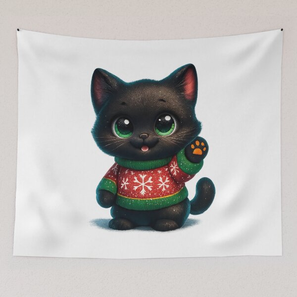 Item preview, Christmas Sweater Cat | Kawaii Kitty Waving in Snowflake Knit Sweater | Cute Winter Cat designed and sold by PrintCreations9.